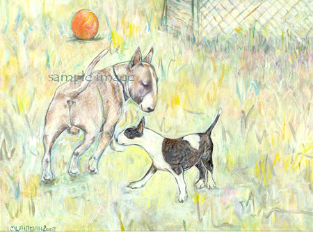 Rufus & Madelyn - bull terrier print by Roberta Laidman